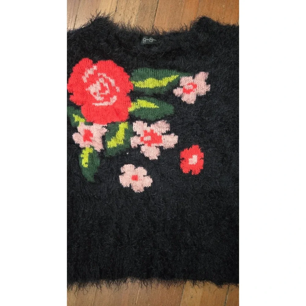 Jessica‎ Simpson Black Fuzzy Sweater Colorful Floral Pattern Grunge Dark Fairy